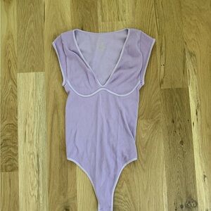 Free People Purple Bodysuit with V-Neckline and Cap Sleeves